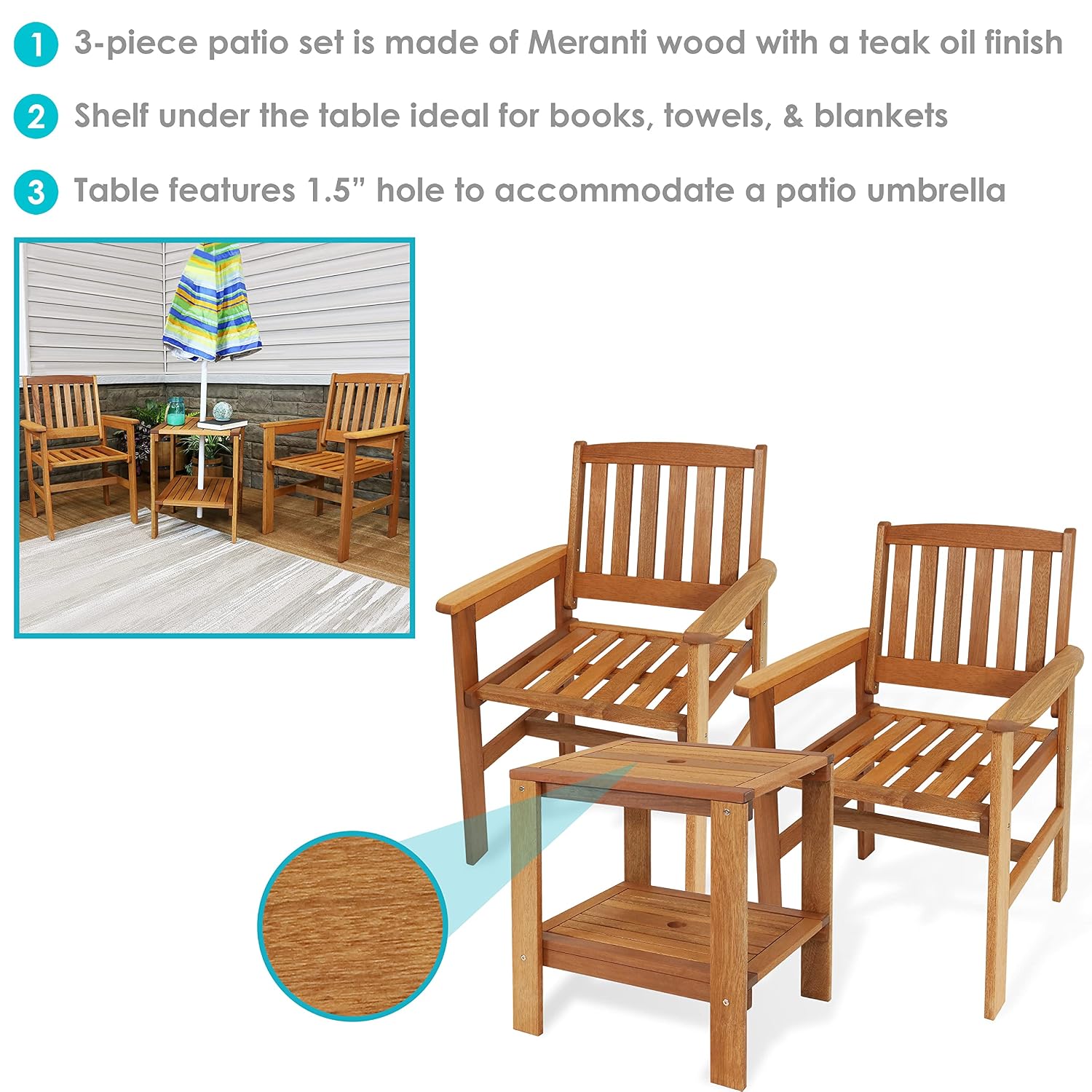 طقم فناء خشبي من 3 قطع: كرسيان - مراجعة Outdoor Furniture Oil Teak وسعره