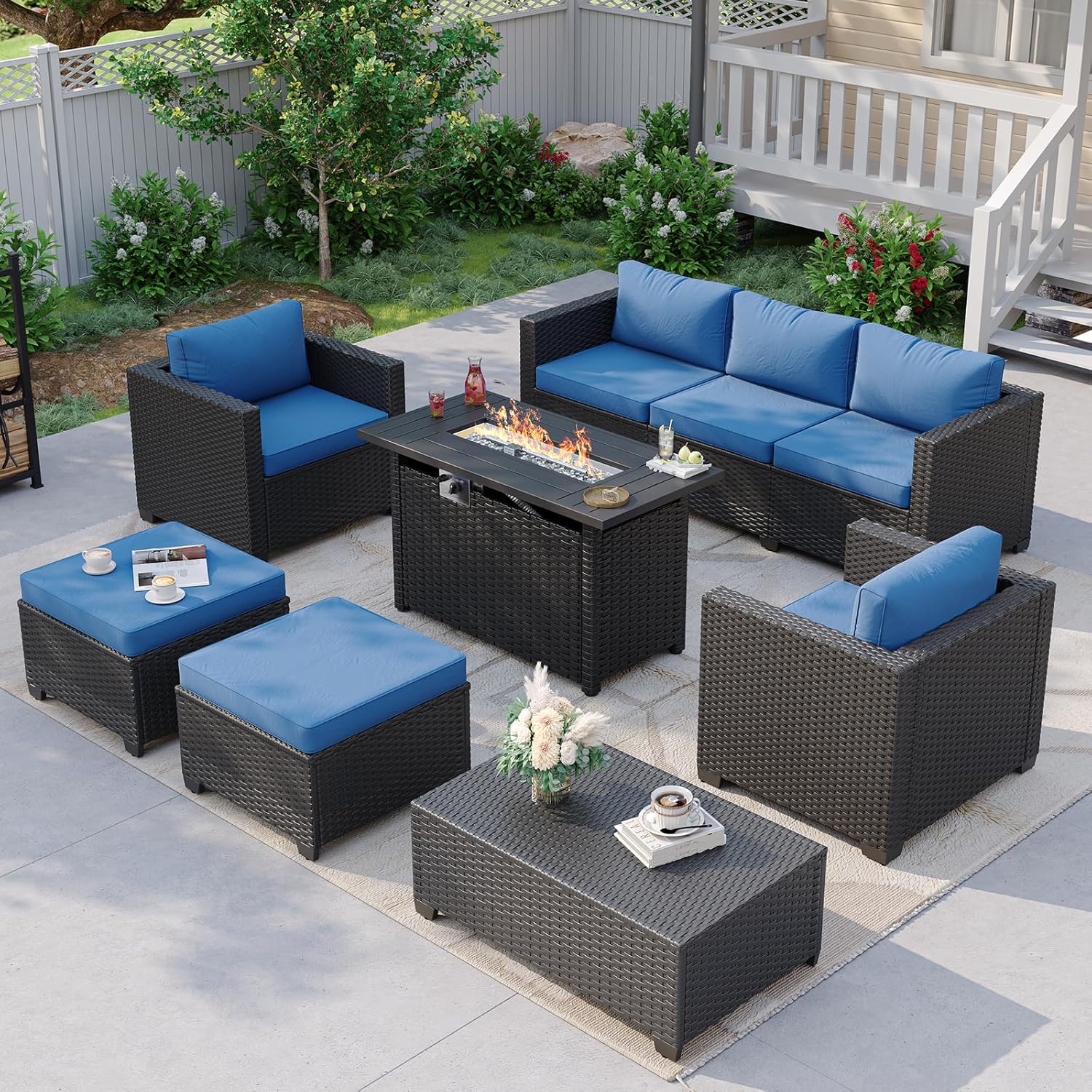 أريكة خارجية زرقاء داكنة مع طا - مراجعة Outdoor Furniture Fire Pit وسعره