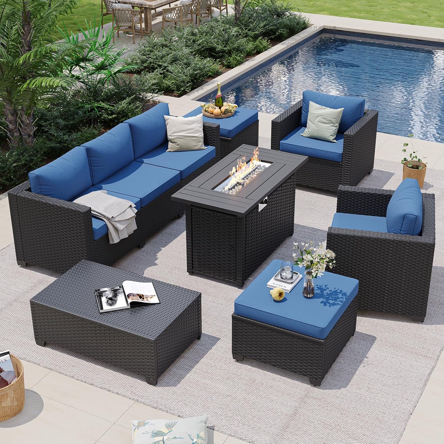 أريكة خارجية زرقاء داكنة مع طا - مراجعة Outdoor Furniture Fire Pit وسعره